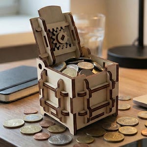 Mechanical Safe Box Laser Cut File, SVG Wooden 3d Puzzle Coin Bank CNC Template