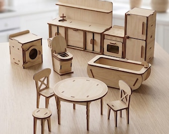 Puppenhaus Küche Möbel Set Laser Cut Datei, SVG Bundle für Kinder Projekte (Digitaler Download)