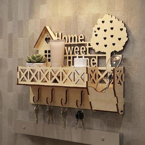 Porta-chaves de parede em SVG, organizador de entrada em madeira cortado a laser com ganchos, modelo CNC