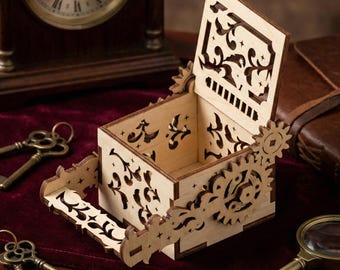 Steampunk dekorativ låda laserskuren fil, mekanisk SVG träväxelförvaringsmall (digital nedladdning)