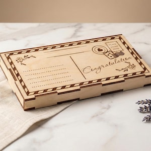 Archivo cortado a láser para caja de regalo con sobre, plantilla SVG estilo postal para boda (descarga digital)