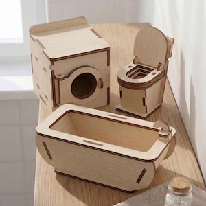 Archivo cortado a láser para muebles de baño de casa de muñecas: patrón SVG de inodoro y lavadora en miniatura