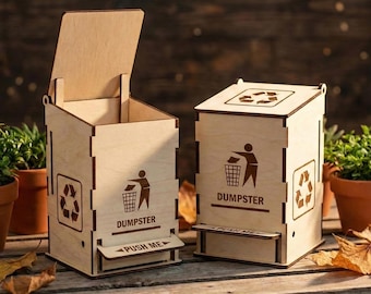 Mechanical Dumpster Trash Bin Laser Cut File, SVG Desktop Garbage Box CNC Template