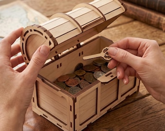 Treasure Chest Piggy Bank Laser Cut File, Wooden Money Box