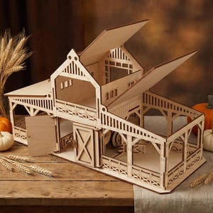 Casa de muñecas de granja - Archivo cortado con láser, SVG, proyecto de bricolaje de madera de granero y tractor (descarga digital)