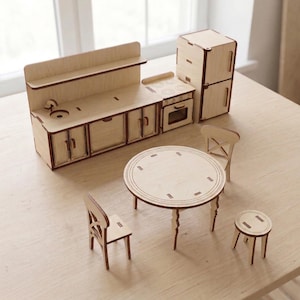Dollhouse Kitchen Furniture Laser Cut File, SVG Table Stove ans Chairs Miniatures (Disital Template)