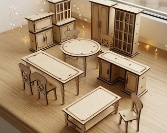 Dollhouse Furniture Laser Cut Bundle, SVG Miniature Table Chair Desk Cupboad Set (Digital Download)