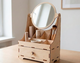 Make-up-Organizer mit Spiegel Laser Cut-Datei, SVG Holz Box Kosmetik Aufbewahrungsvorlage