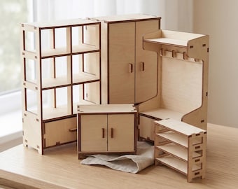 Wardrobe Dollhouse Furniture Bundle Laser Cut File, SVG Closet Cabinet CNC Template (Digital Download)
