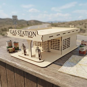 Vintage tankstation model lasergesneden bestand, autoservice miniatuur DIY-project (digitale sjabloon)