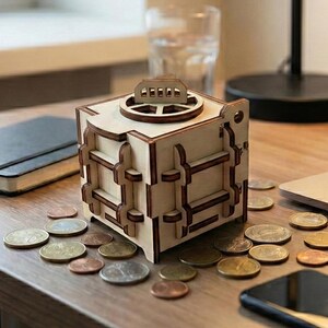 Mechanical Safe Box Laser Cut File, SVG Wooden 3d Puzzle Coin Bank CNC Template image 2