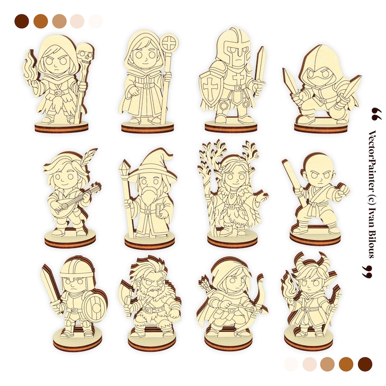 Front view of 12 fantasy RPG board game miniatures laser cut from wood, hero characters on round bases