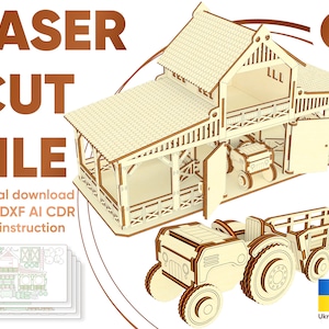 Farm Barn Dollhouse - SVG Laser Cut File, Tractor Digital Plan for laser cutting machines
