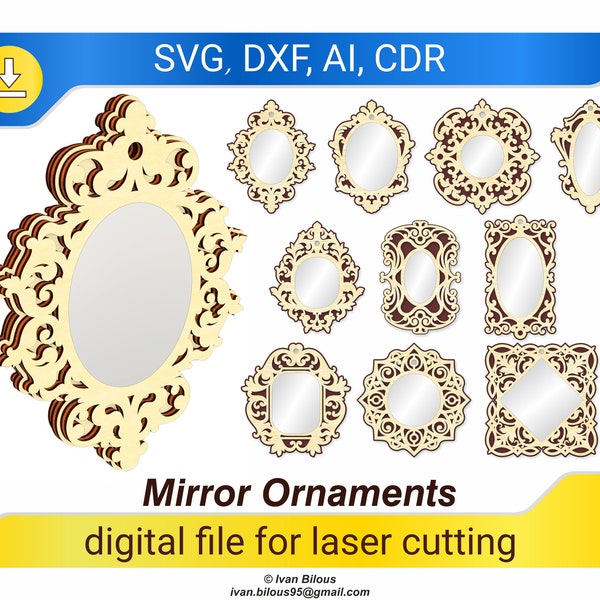 Mirror ornament - laser cut file, SVG plan for laser cutting machine