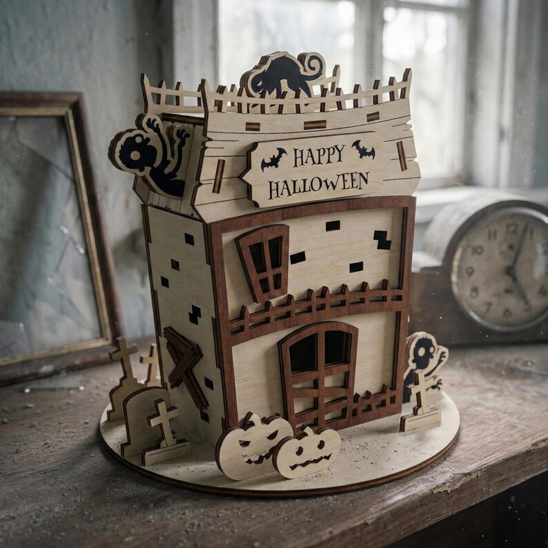 A laser cut plywood Halloween house with a carved design and a "Happy Halloween" sign, sitting on a wooden surface.