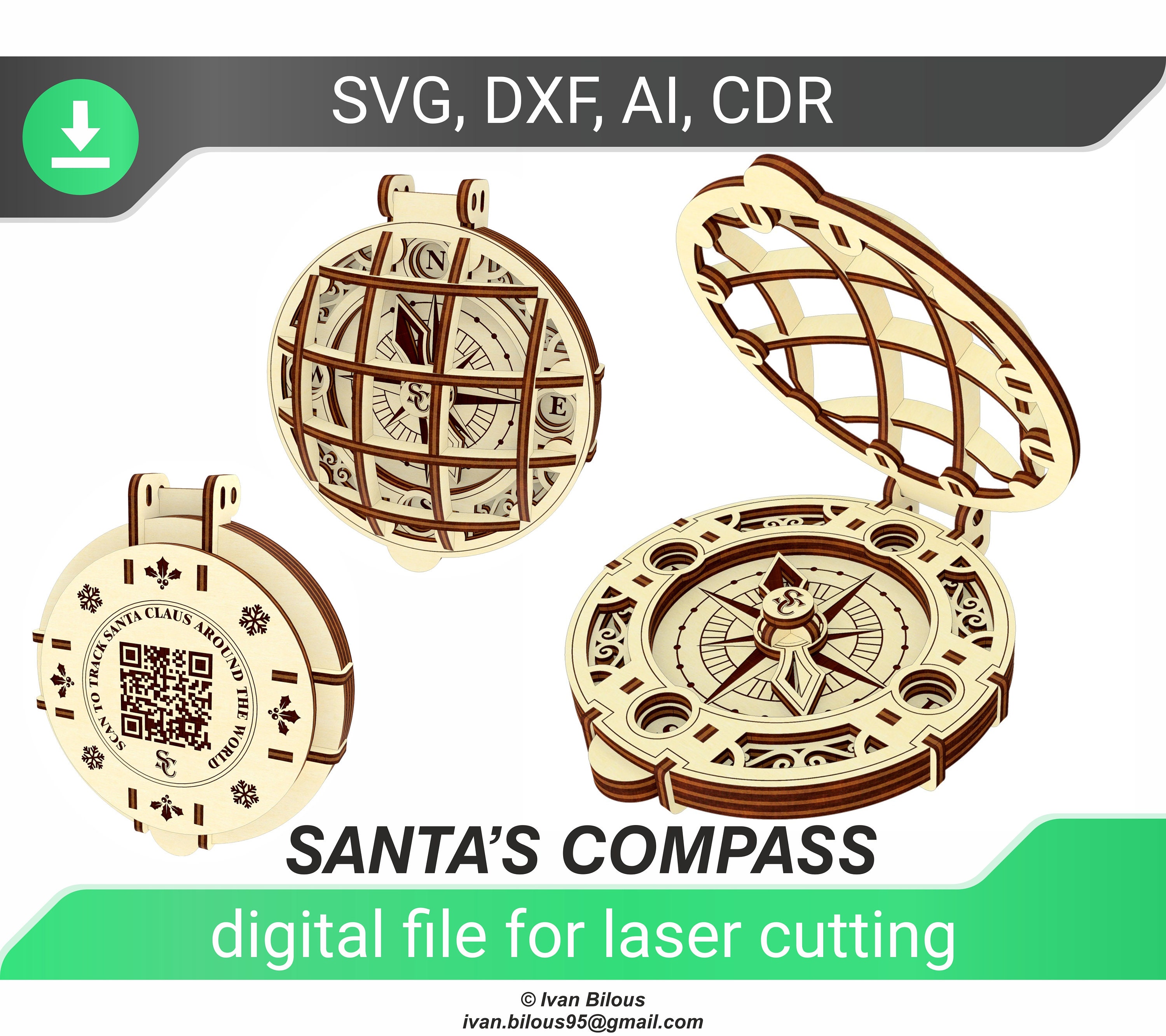 Fichiers laser SVG de la boussole du Père Noël, découpe laser Glowforge 3D avec code QR pour suivre le Père Noël