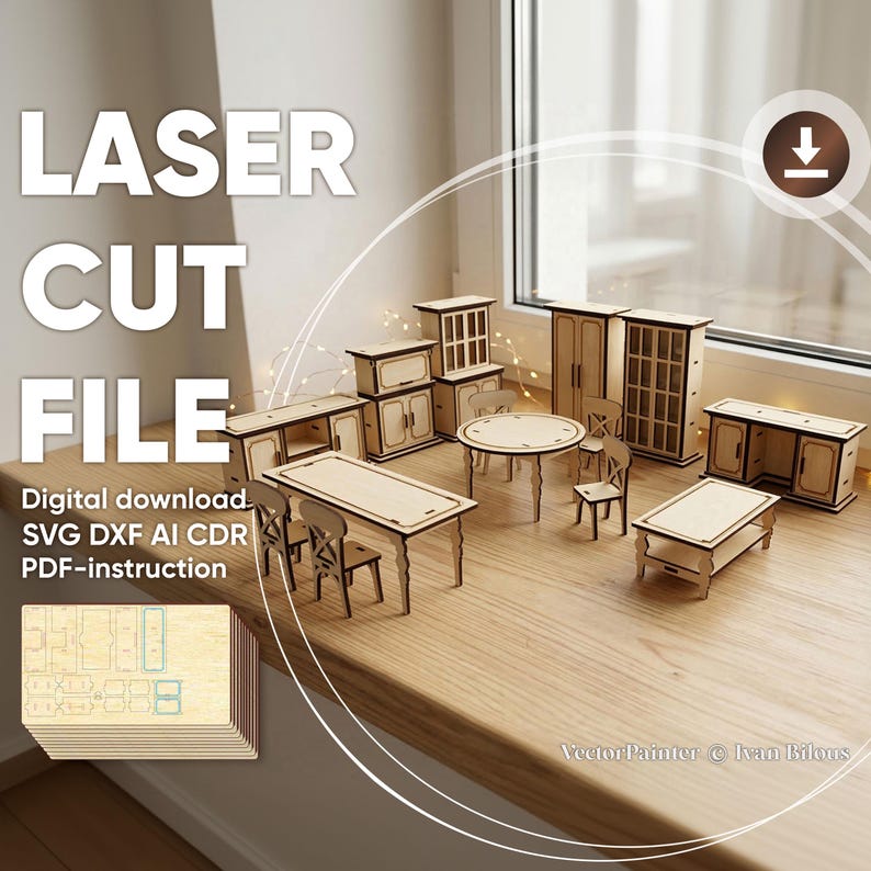 Dollhouse Furniture Laser Cut Bundle, SVG Miniature Table Chair Desk Cupboard Set (Digital Download) image 5