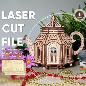 Casa delle fate con teiera - Progetto di taglio laser, file SVG con istruzioni di montaggio