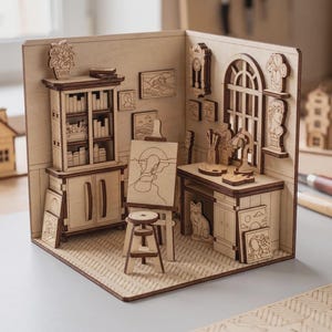 Coin livre pour atelier d'artiste - fichier découpé au laser, projet de contreplaqué SVG de diorama de chambre bricolage