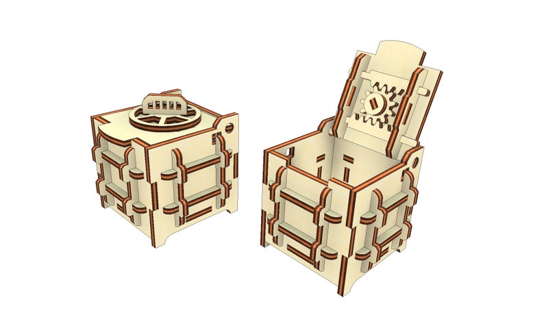 May include: A wooden box with a gear mechanism on the lid. The box is made of light wood with brown accents. The lid is open, revealing the interior of the box.