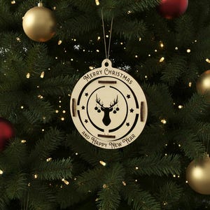 Wooden reindeer Christmas ornament on tree – detailed laser cut design for CNC, Glowforge, and laser cutters