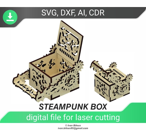 Laser Box Template Laser Cut Box Dxf Steampunk Svg Wooden Box Etsy