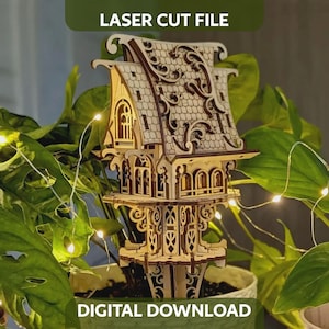 Casetta degli elfi da giardino con paletto - File per taglio laser, progetto vettoriale SVG di miniatura 3D in compensato