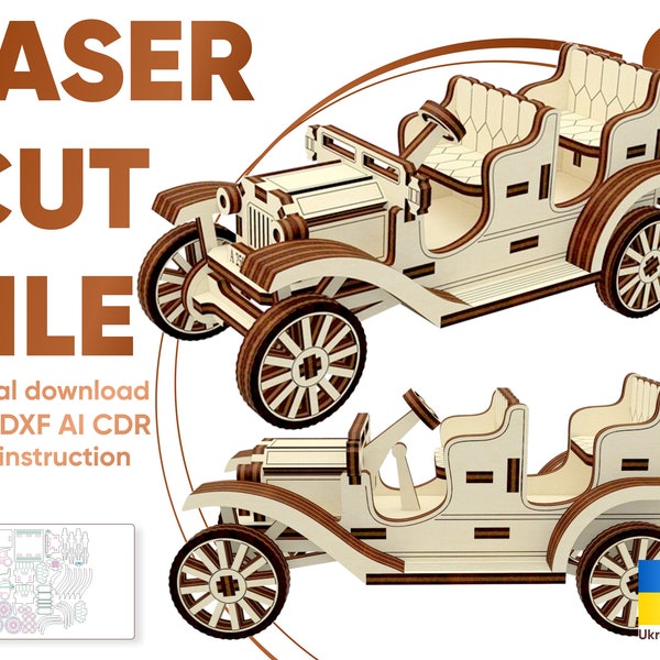 Voiture rétro - projet de découpe laser, fichier SVG pour machines de découpe laser, plan numérique Glowforge