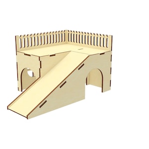 May include: A wooden playhouse for small animals with a ramp and a fenced-in platform. The playhouse is made of natural wood and has a light brown color.