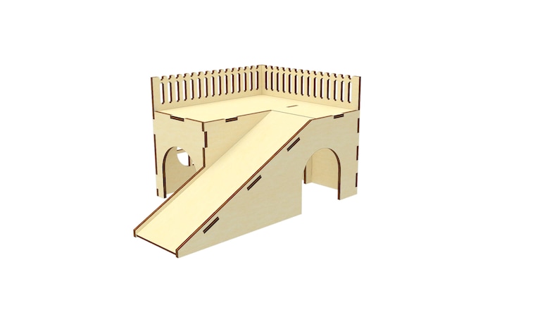 May include: A wooden playhouse for small animals with a ramp and a fenced-in platform. The playhouse is made of natural wood and has a light brown color.