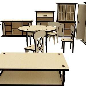 May include: A set of wooden furniture for a dollhouse, including a table, chairs, cabinets, and a bookshelf. The furniture is made of light brown wood and has a simple, classic design.