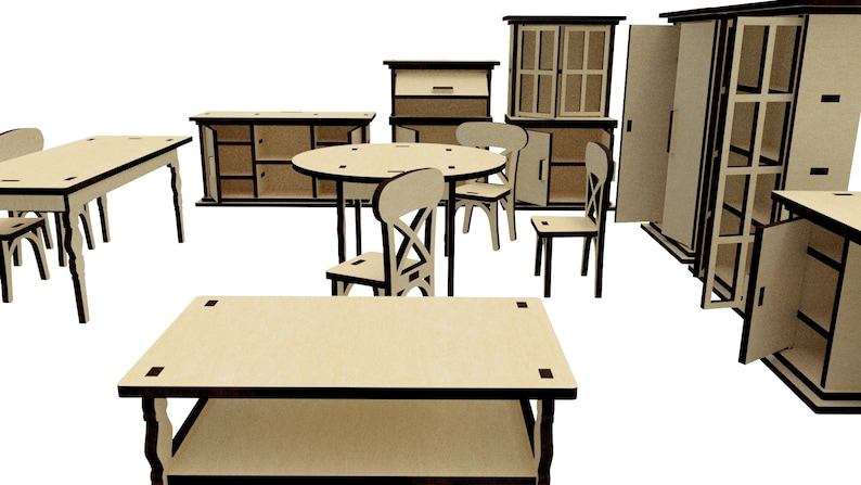 May include: A set of wooden furniture for a dollhouse, including a table, chairs, cabinets, and a bookshelf. The furniture is made of light brown wood and has a simple, classic design.