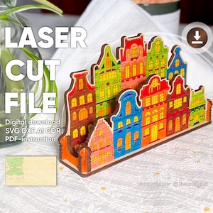 Napkin Holder - Laser Cut File, SVG Plywood Project for Café with Old city Engraving as Vector Plan and Assembly Instructions
