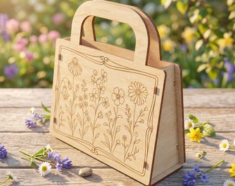 Opening  Floral Gift Bag Laser Cut File, Decorative Box with Handle SVG