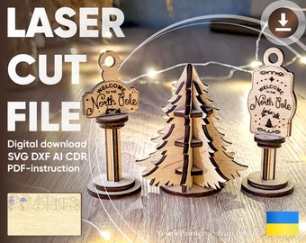 Adornos navideños - Archivos SVG cortados con láser, señales del Polo Norte y árbol de Navidad