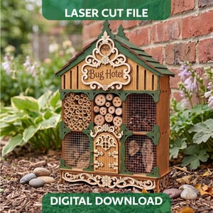 May include: A laser-cut wooden bug hotel featuring a green roof and trim, with the text Bug Hotel on the front. The structure includes multiple compartments filled with hollow tubes, wooden discs, pinecones, and rocks, secured by wire mesh.