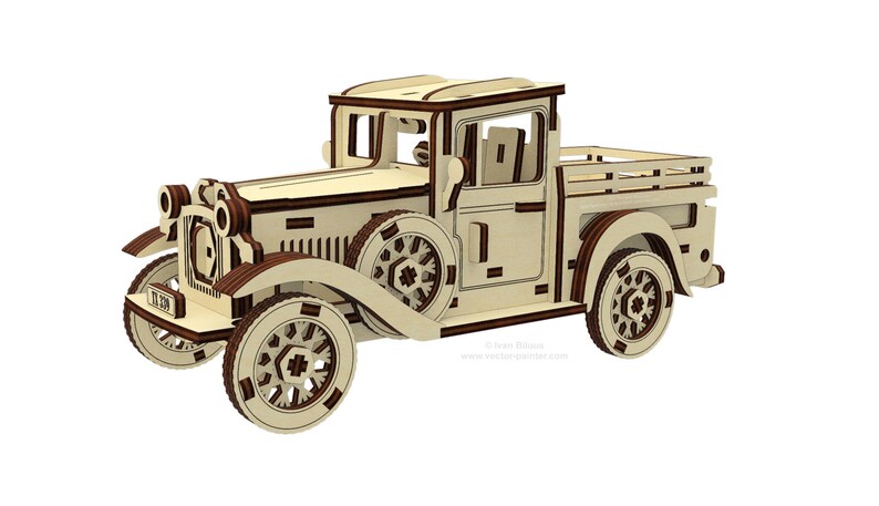 May include: A wooden model kit of a vintage pickup truck. The truck is brown and cream colored with a wooden bed and a detailed interior. The model is unassembled and comes with instructions.