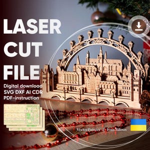 May include: Laser cut file for a wooden Christmas village scene with a bridge and archway. The file includes SVG, DXF, AI, and CDR formats, as well as PDF instructions. The image shows a finished model of the village scene.