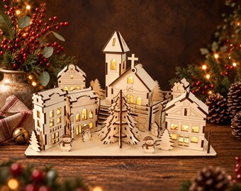 Christmas Village Laser Cut File, Miniature Lantern Houses and Miniature Church SVG