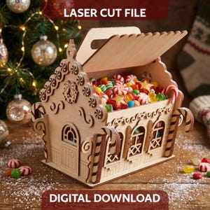Arquivo SVG para corte a laser de caixa de doces em formato de casinha de gengibre, caixa de presente de Natal.
