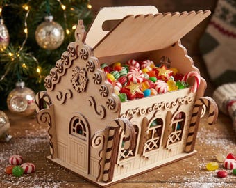 Gingerbread House Candy Box Laser Cut File, Christmas Gift Box SVG