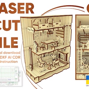 File di taglio SVG per angolo libri, Mouse House, file di taglio laser modello Glowforge, file digitale