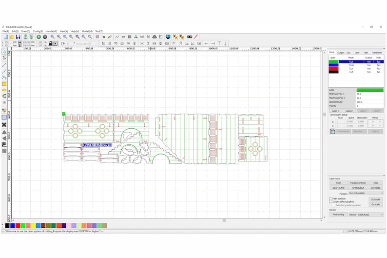 May include: A computer screen displaying a laser cutting design program. The design is for a multi-level structure with intricate details. The design is shown in green and red lines on a grid background. The program has a toolbar with various options for editing and controlling the laser cutter.