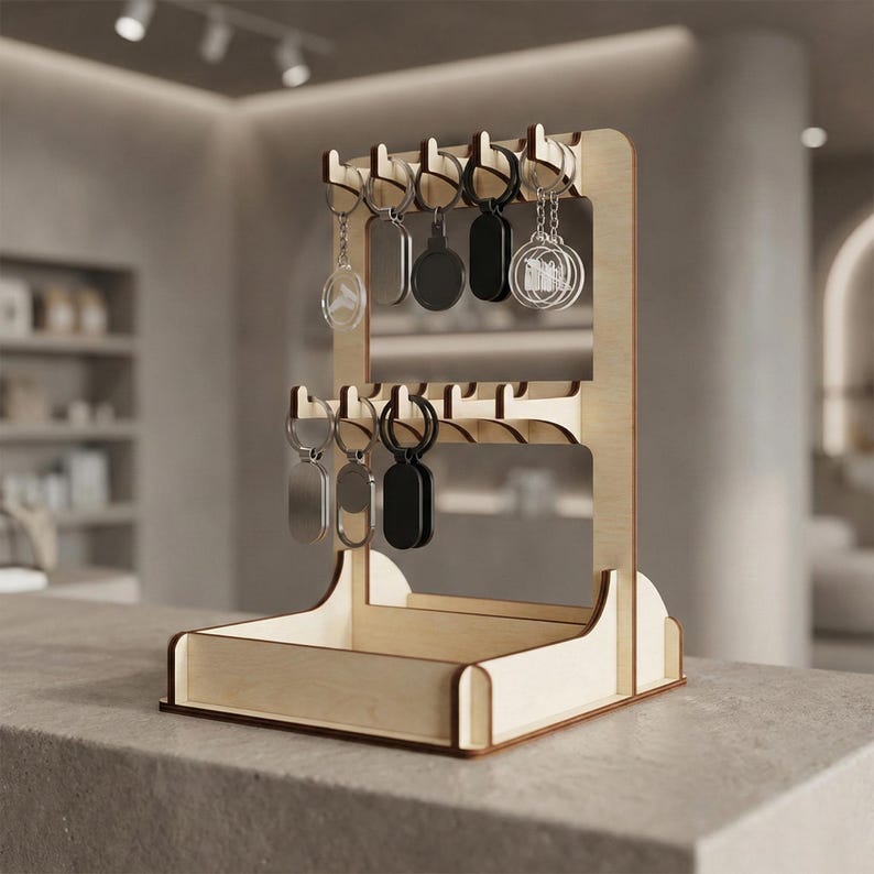 Keychain Display Stand SVG, Laser Cut Wooden Retail Display Rack, CNC Key Holder Template image 3