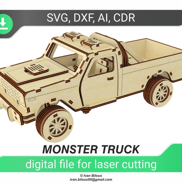 monster truck svg glowforge files for laser cutting truck dxf files for laser cut truck car cut model for laser glowforge template, cnc plan