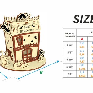 The image is a 3D rendering of a Halloween-themed house, with dimensions and material thicknesses listed below it.