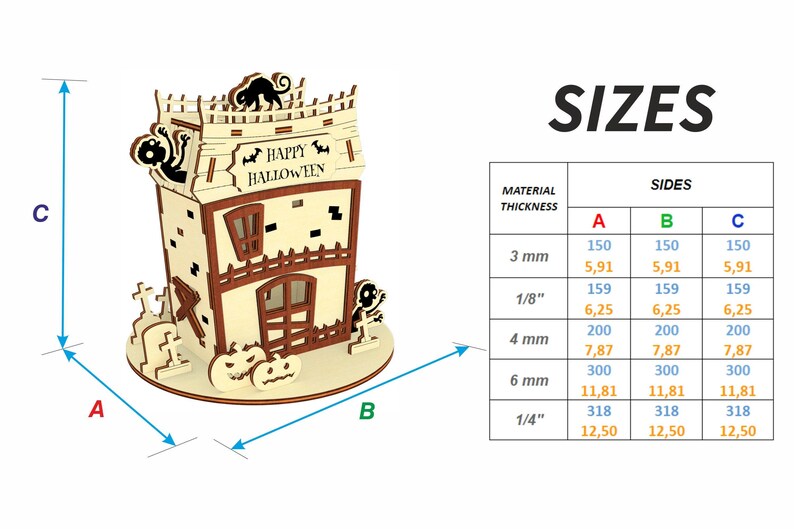 The image is a 3D rendering of a Halloween-themed house, with dimensions and material thicknesses listed below it.