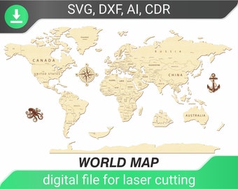 May include: A beige world map with country borders and names, designed for laser cutting. The map is surrounded by a green border with the text "WORLD MAP" and "digital file for laser cutting".