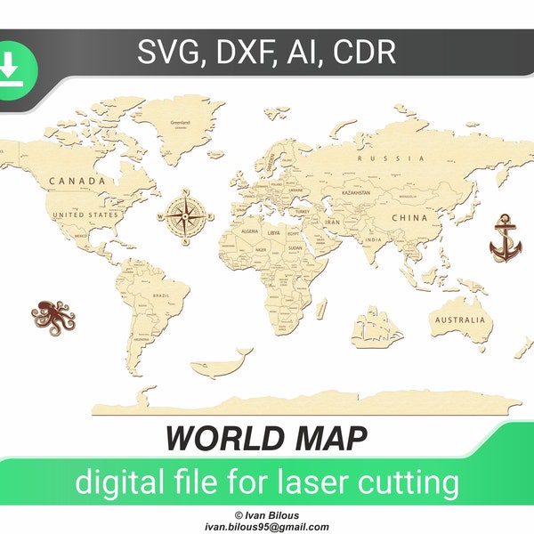 Mapa del mundo - archivo cortado con láser, patrón de grabado láser