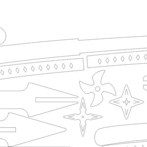 Op de afbeelding: Een set zwarte en witte papiercraft sjablonen voor het maken van ninja-wapens. De set bevat een katana, een shuriken, een kunai en een werpster.